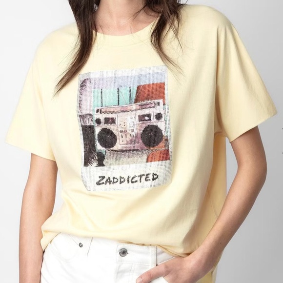 NWT Zadig & Voltaire Tommer Diamanté Photoprint Tee XS Boombox Bedazzled - Picture 1 of 11